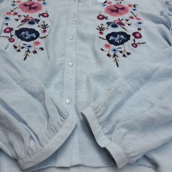 NEW XL semi-sheer GAUZY BOHO EMBROIDERED COTTAGECORE BLUE TOP extra large  NWT - Picture 4 of 8